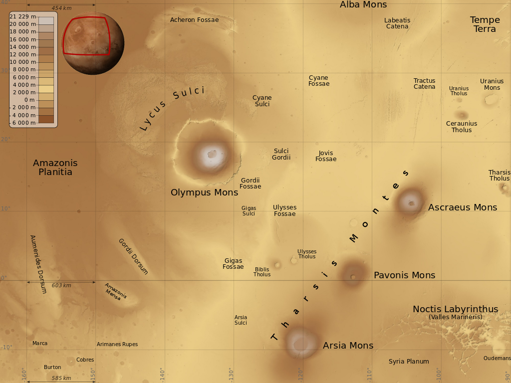 Map of volcanoes on Mars