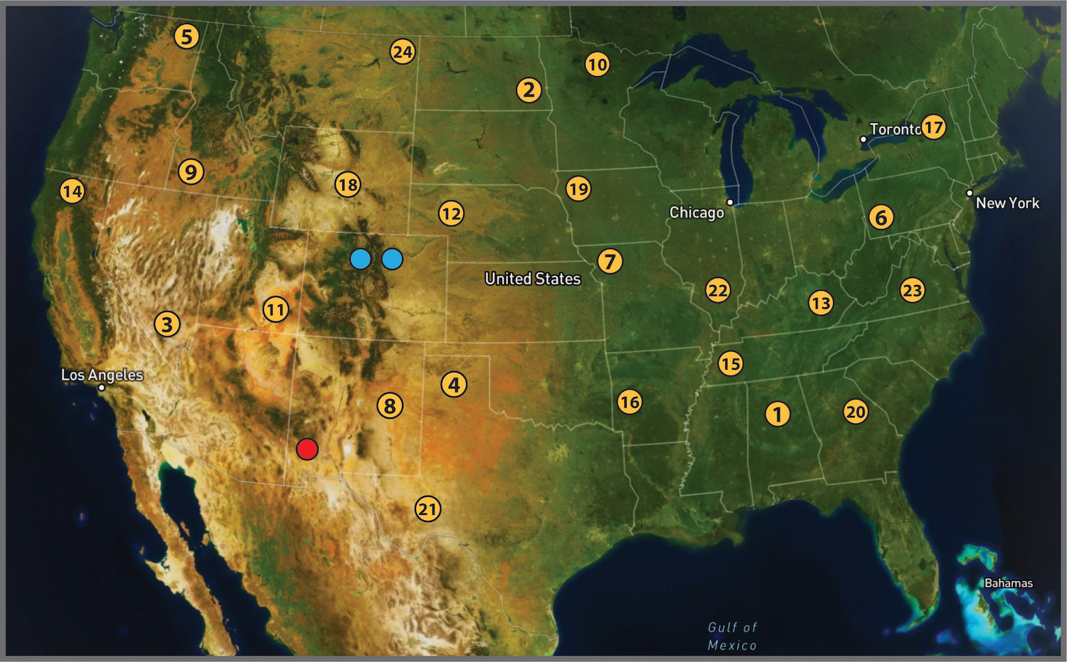 Map of North America with locations of some drainage basins