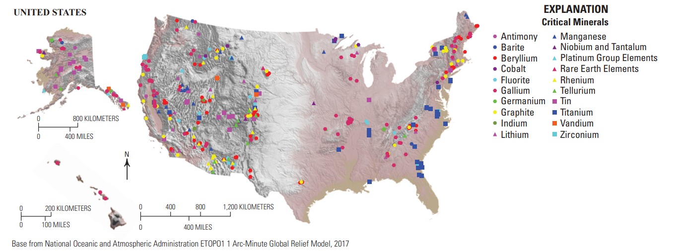 Map of the United States with locations of critical minerals.