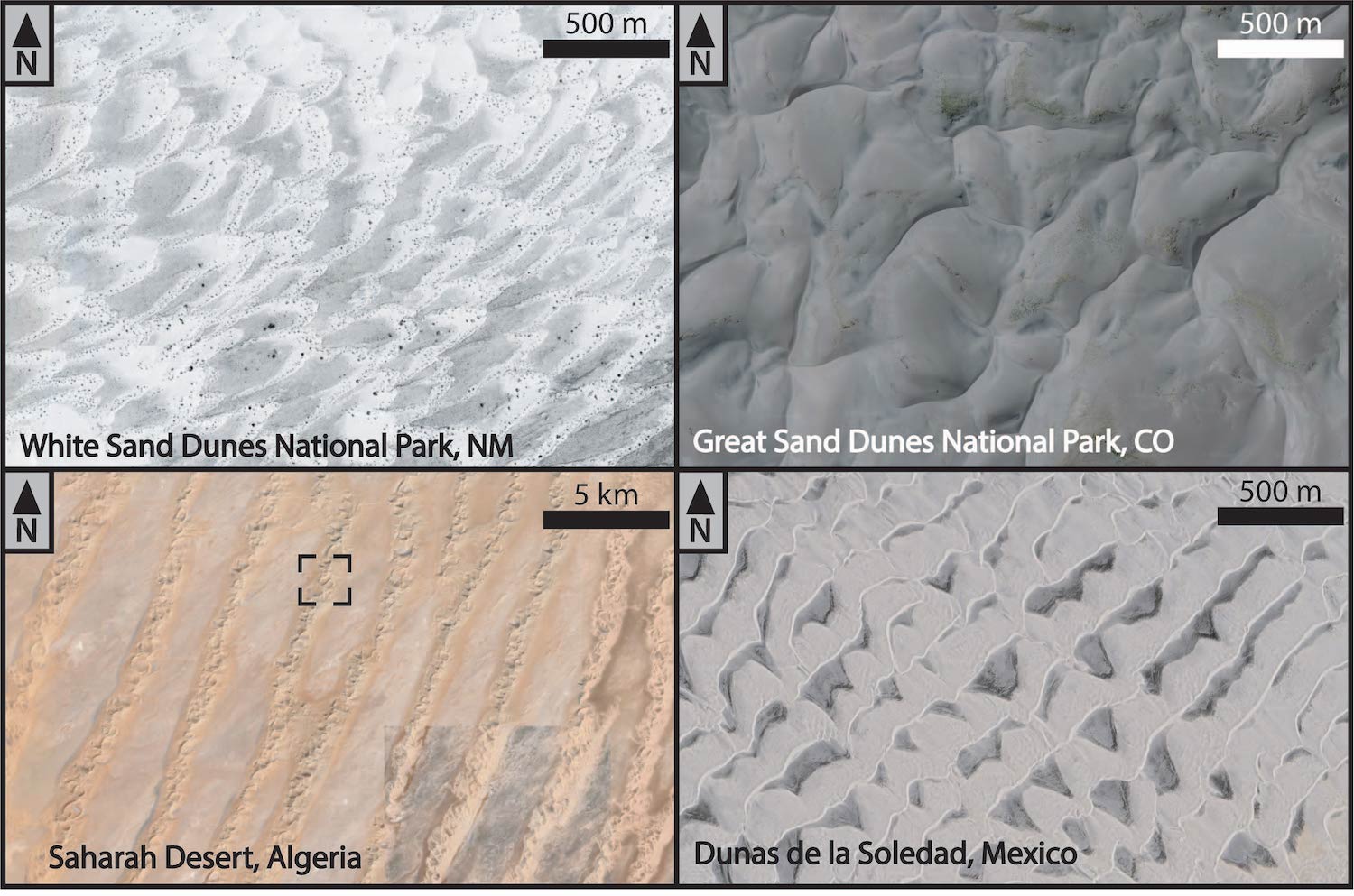 Four satellite images of dunes