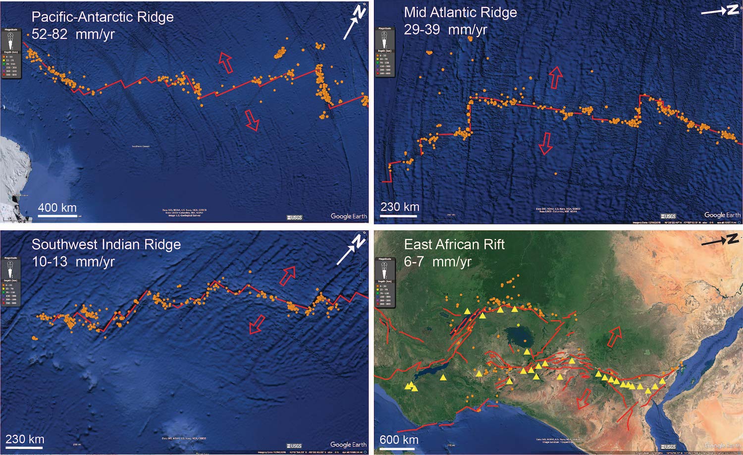 Four images of earthquake locations on divergent spreading centers