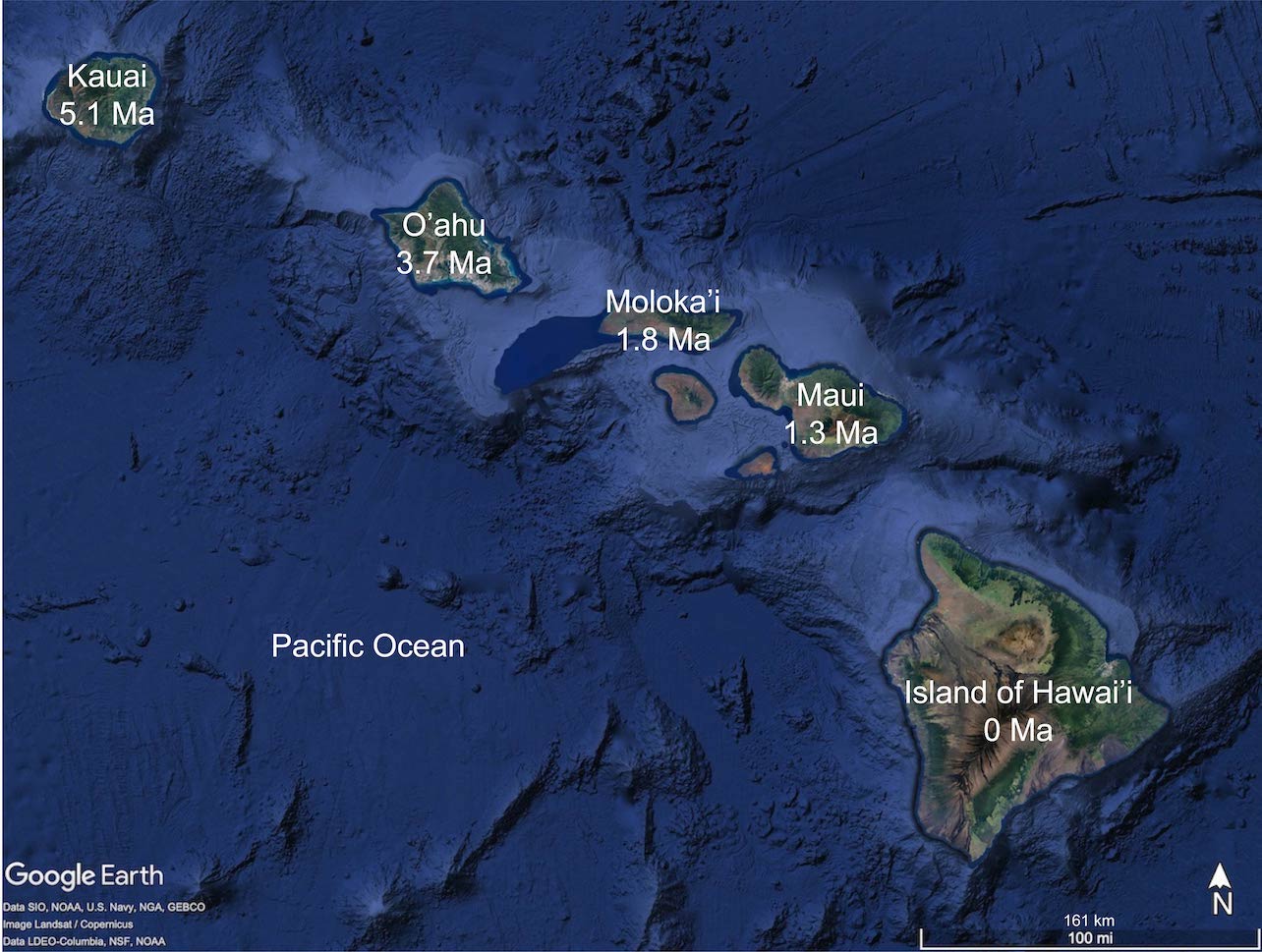 Google Earth image that shows the five main islands of Hawaii.