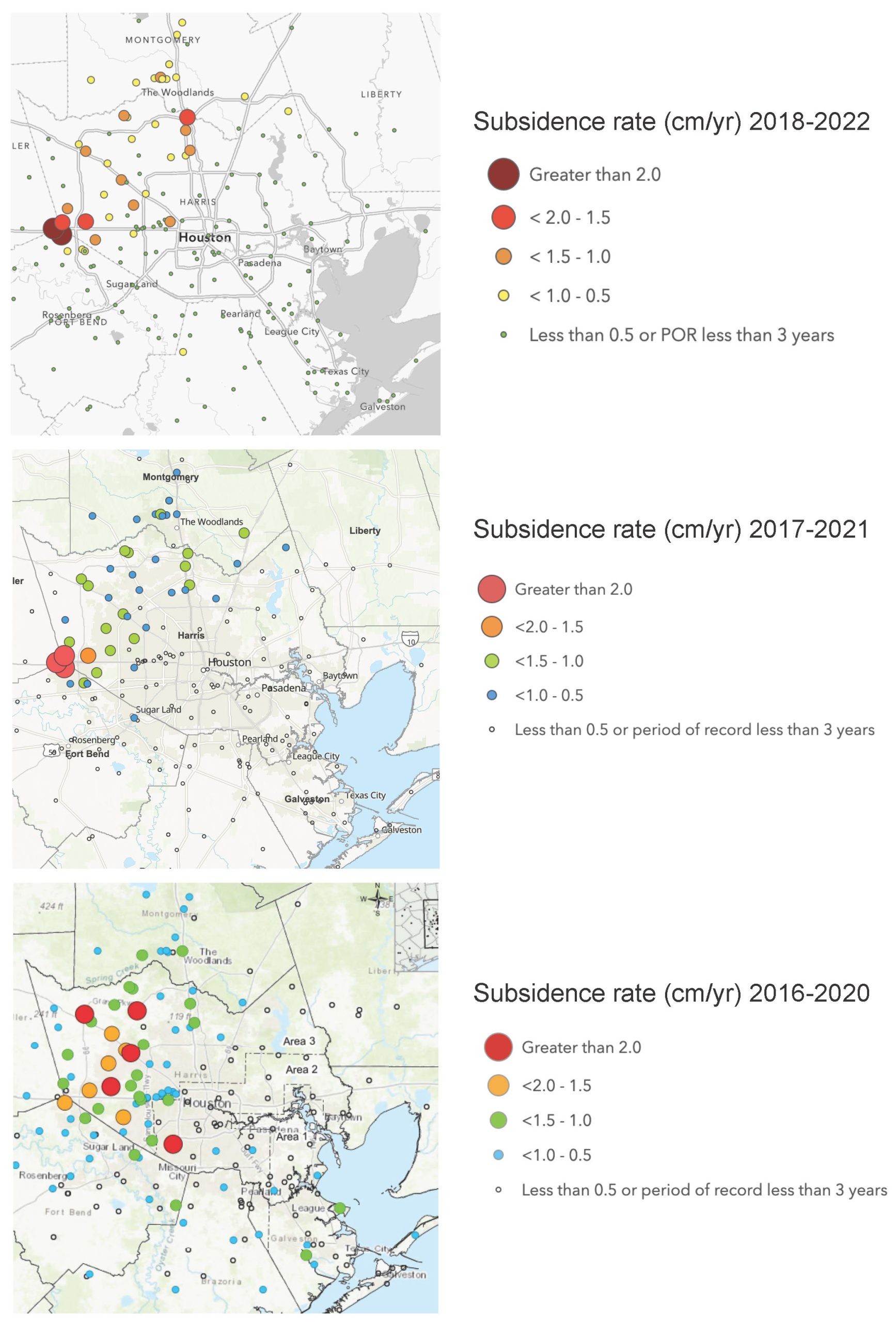 Three maps of Houston subsidence through time