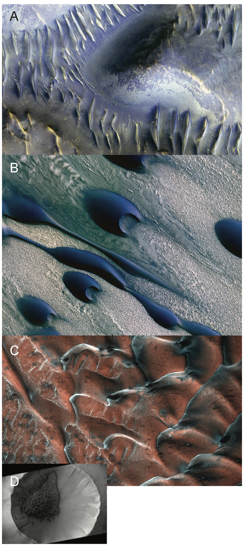 Four satellite images of Martian dunes