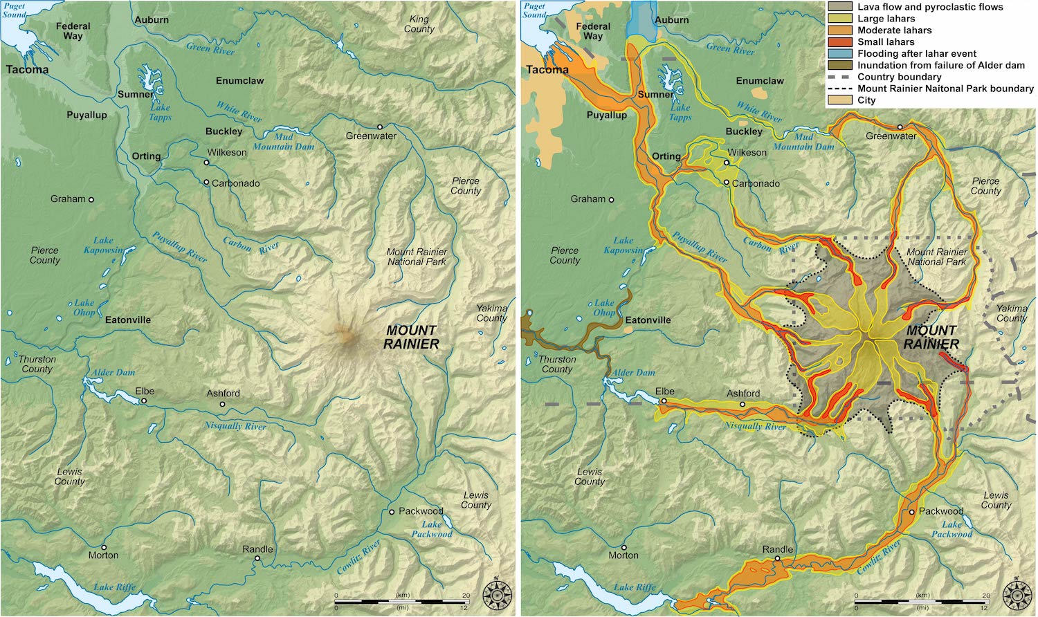 Left side: elevation map of Mount Rainer areaRight side: volcanic hazard map of Mt. Rainer