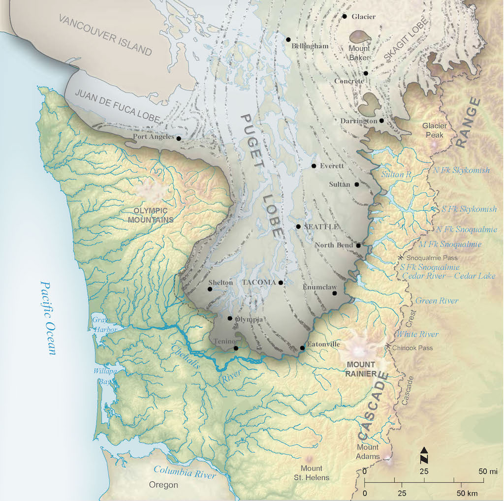 Map of the Pacific Northwest showing glaciers at 16,000 years ago