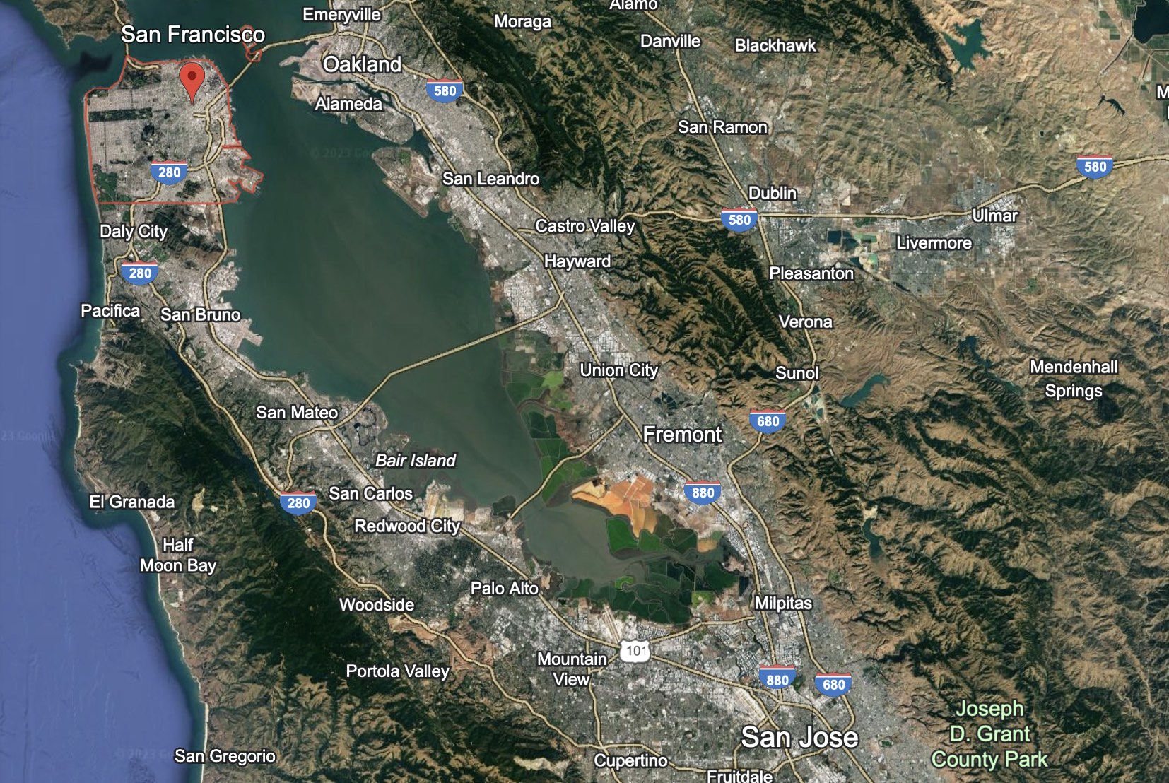 Satellite image of the San Francisco Bay region.