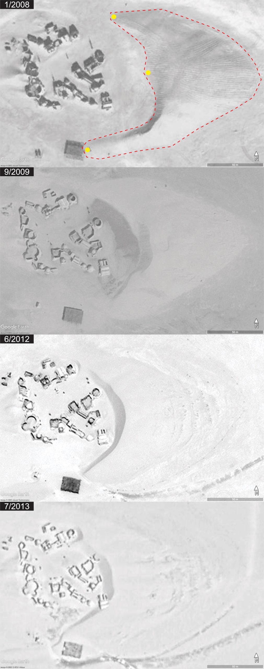 Three satellite images of a barchan dune through time