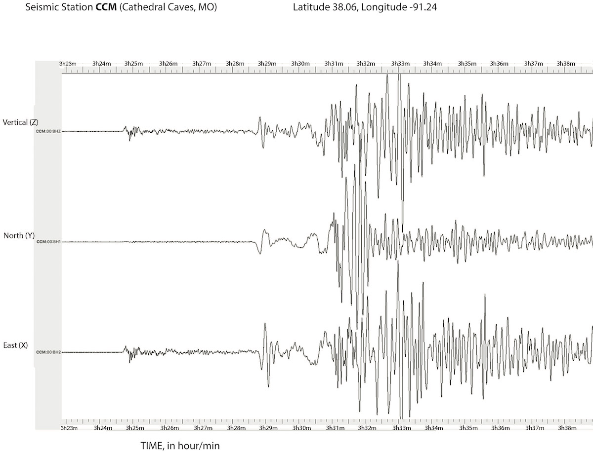 Seismogram of an earthquake recorded in Cathedral Caves Missouri