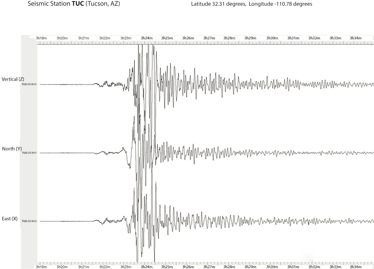 Seismogram of an earthquake recorded in Tuscon, Arizona