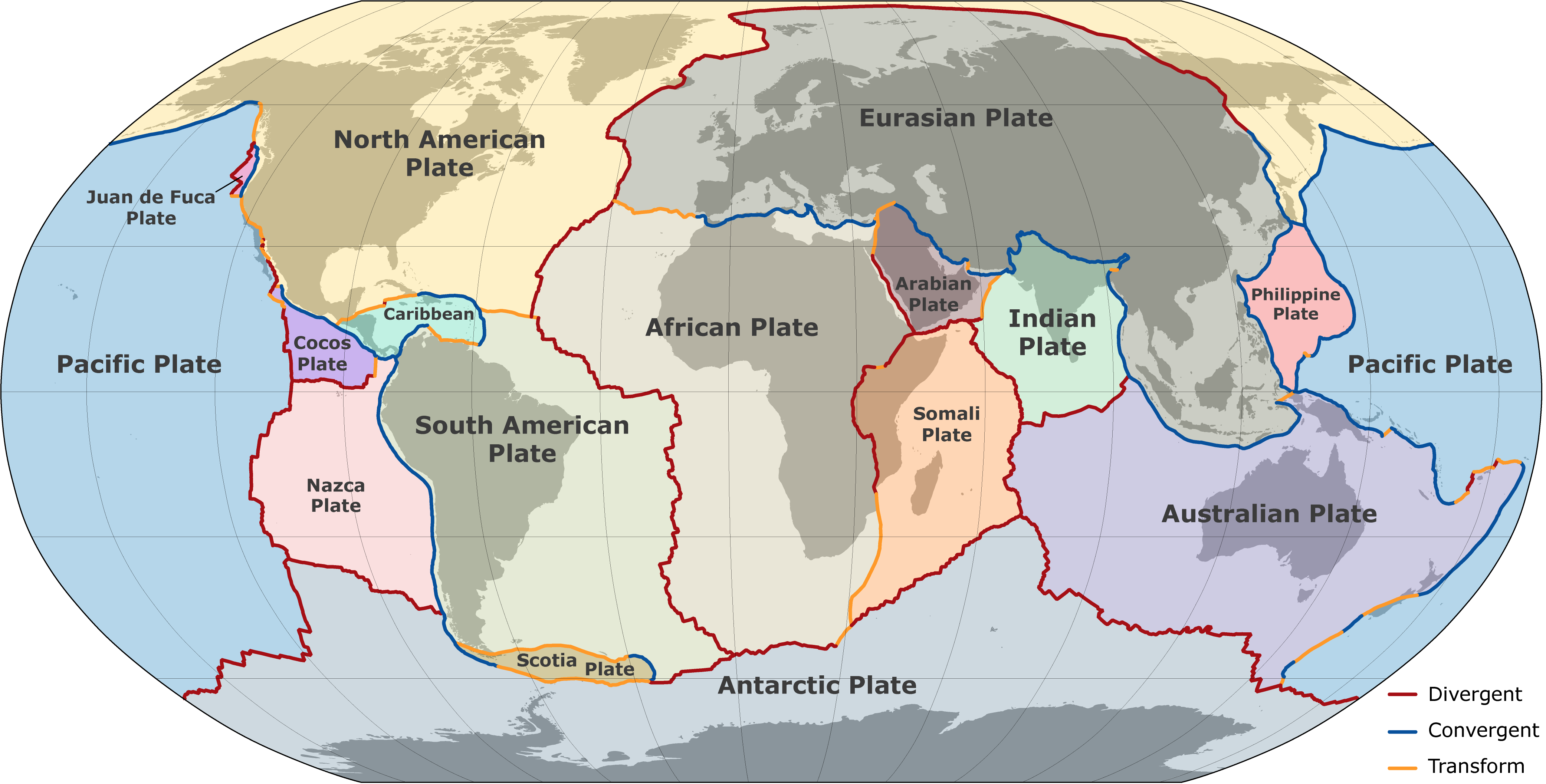 Map showing tectonic plates and their boundariess