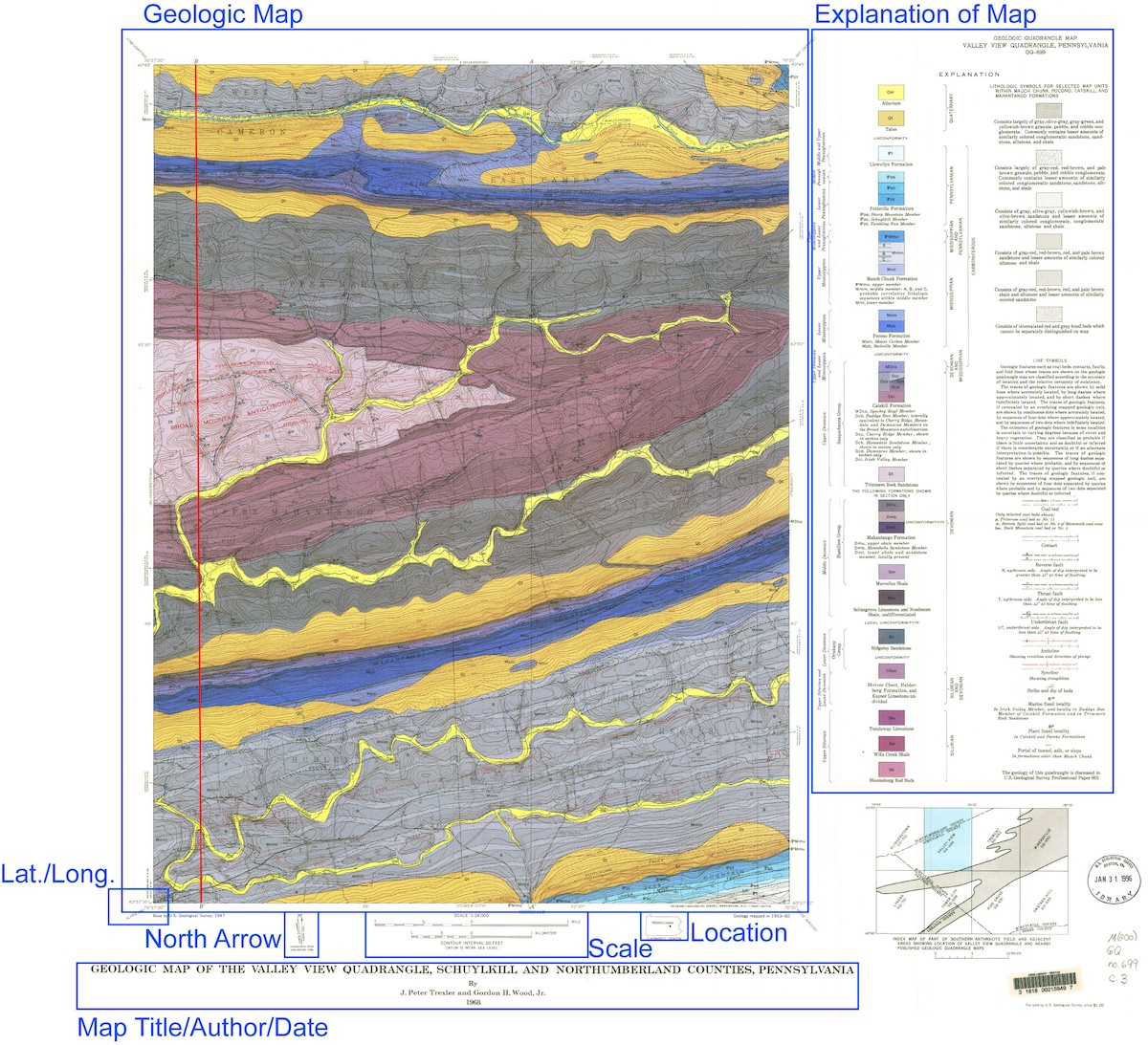 Map outlining the rock units for an area in Central Pennsylvania