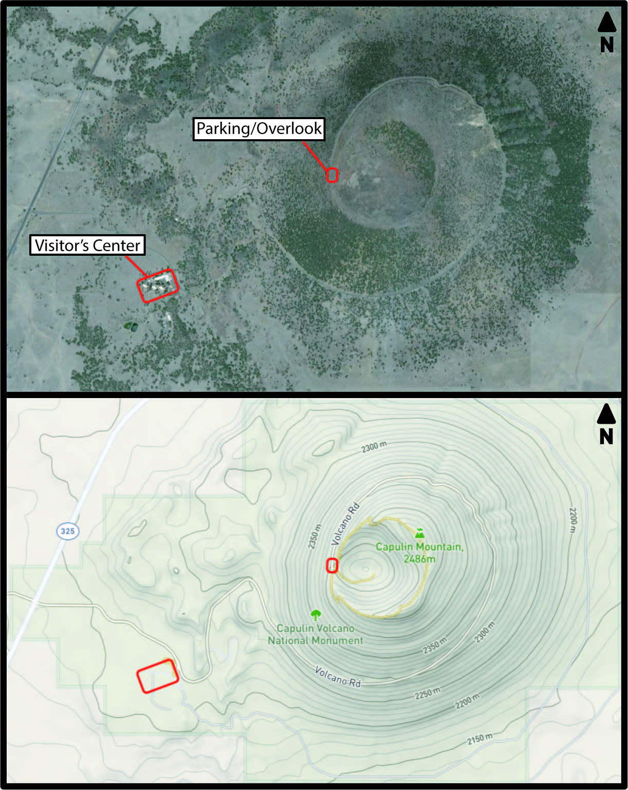 Top: Satellite view of Capulin volcanoBottom: Topographic map of Capulin volcano