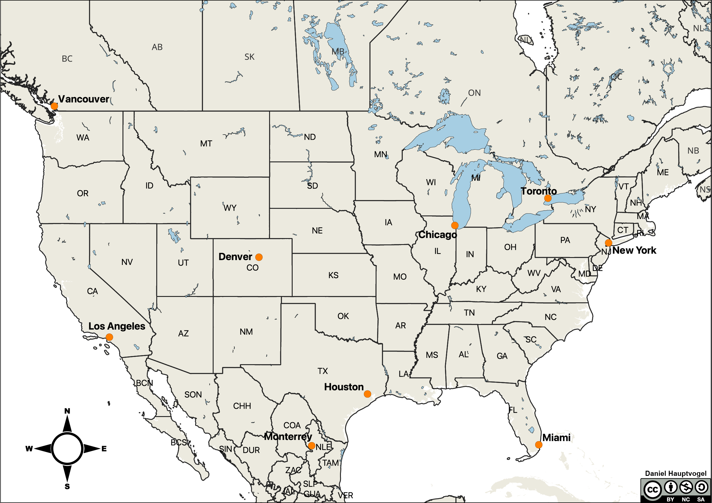 Map of the United States, southern Canada and northern Mexico. Several major cities are marked with orange circles.