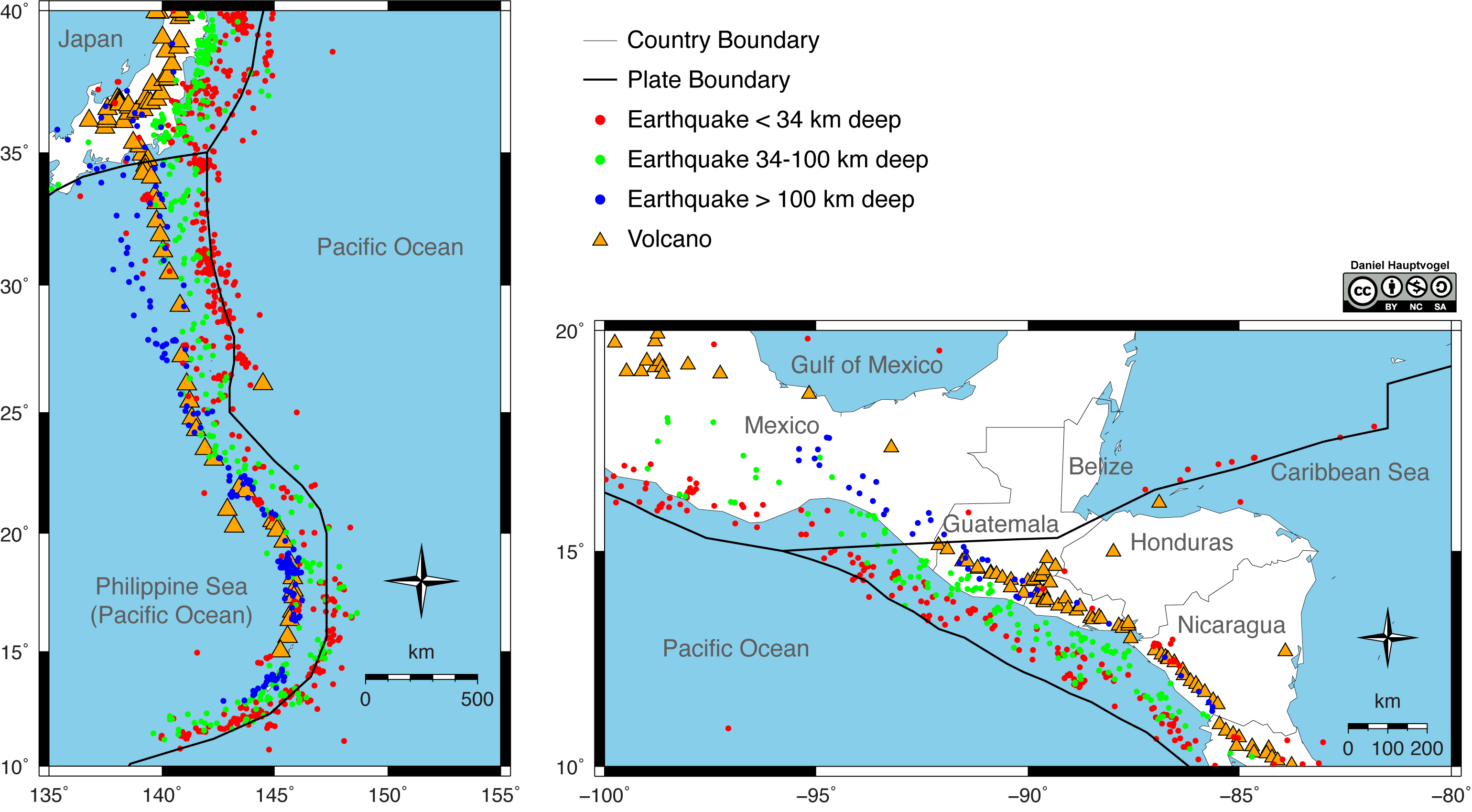 Maps of Central America and western Pacific Ocean showing earthquakes and volcanoes