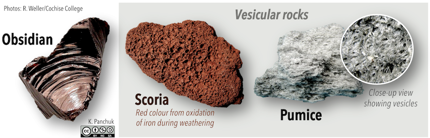 Glassy and vesicular volcanic rocks.