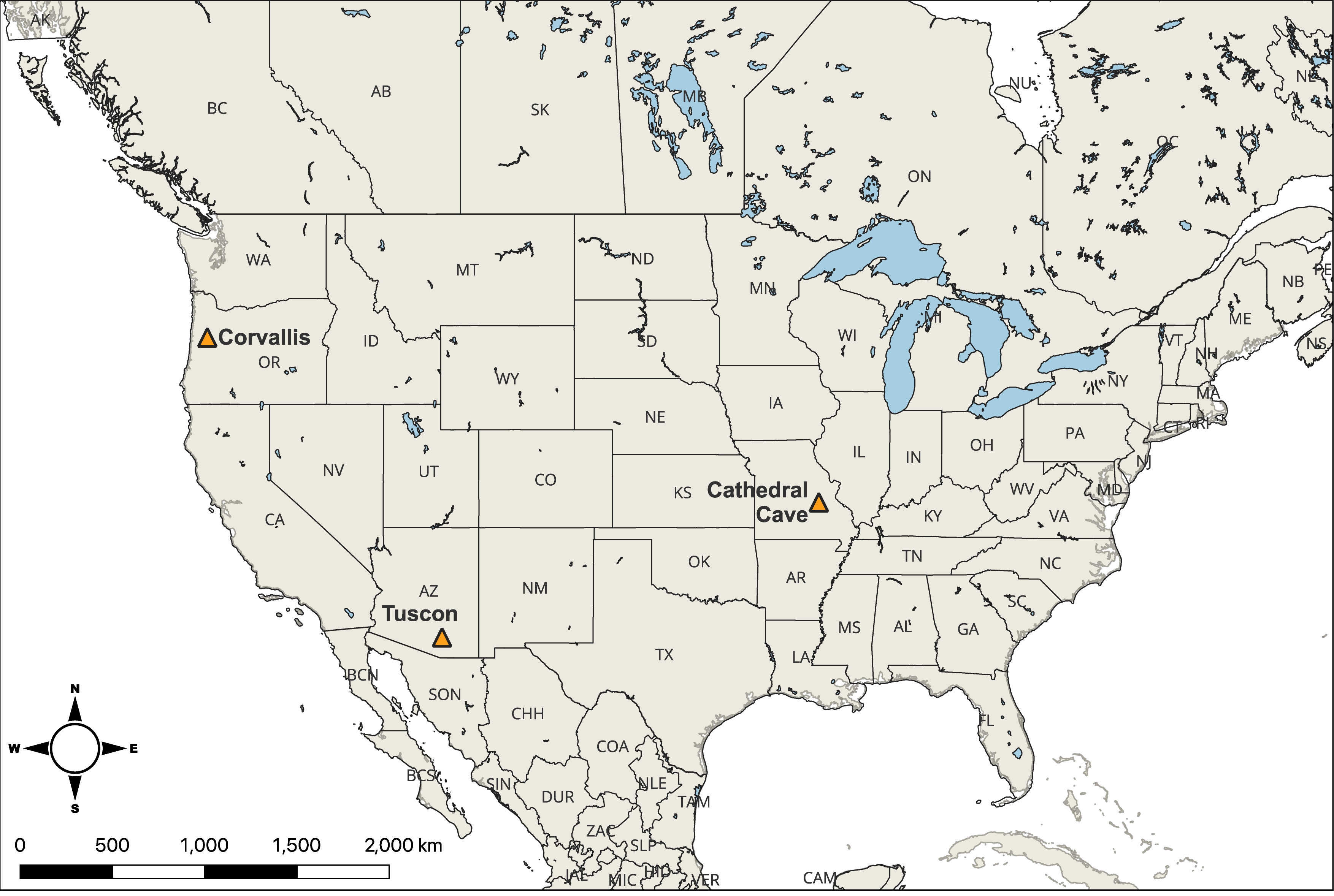 Map of North America showing the locations of seismic recording stations