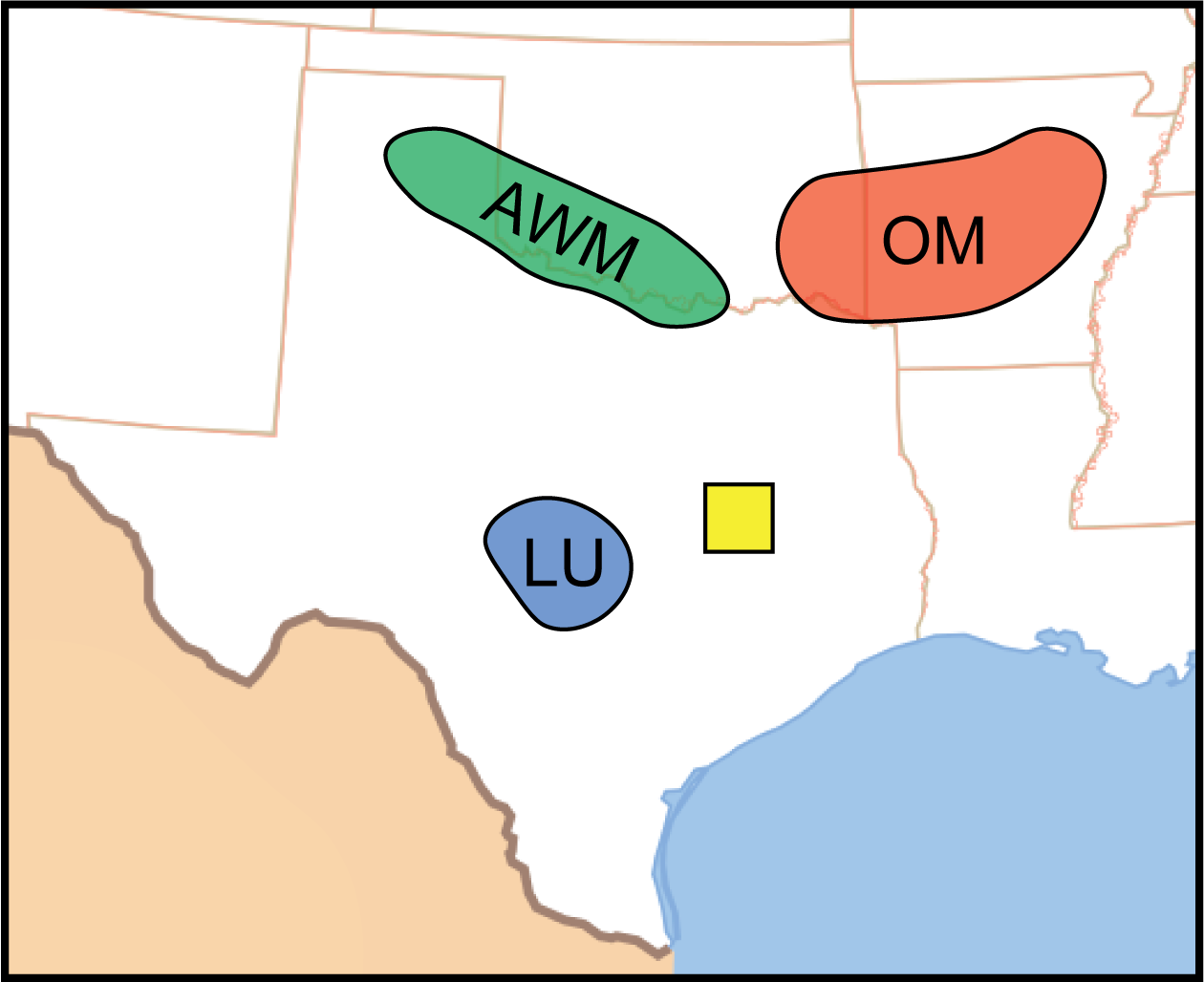 Map showing locations of three source area for zircon grains