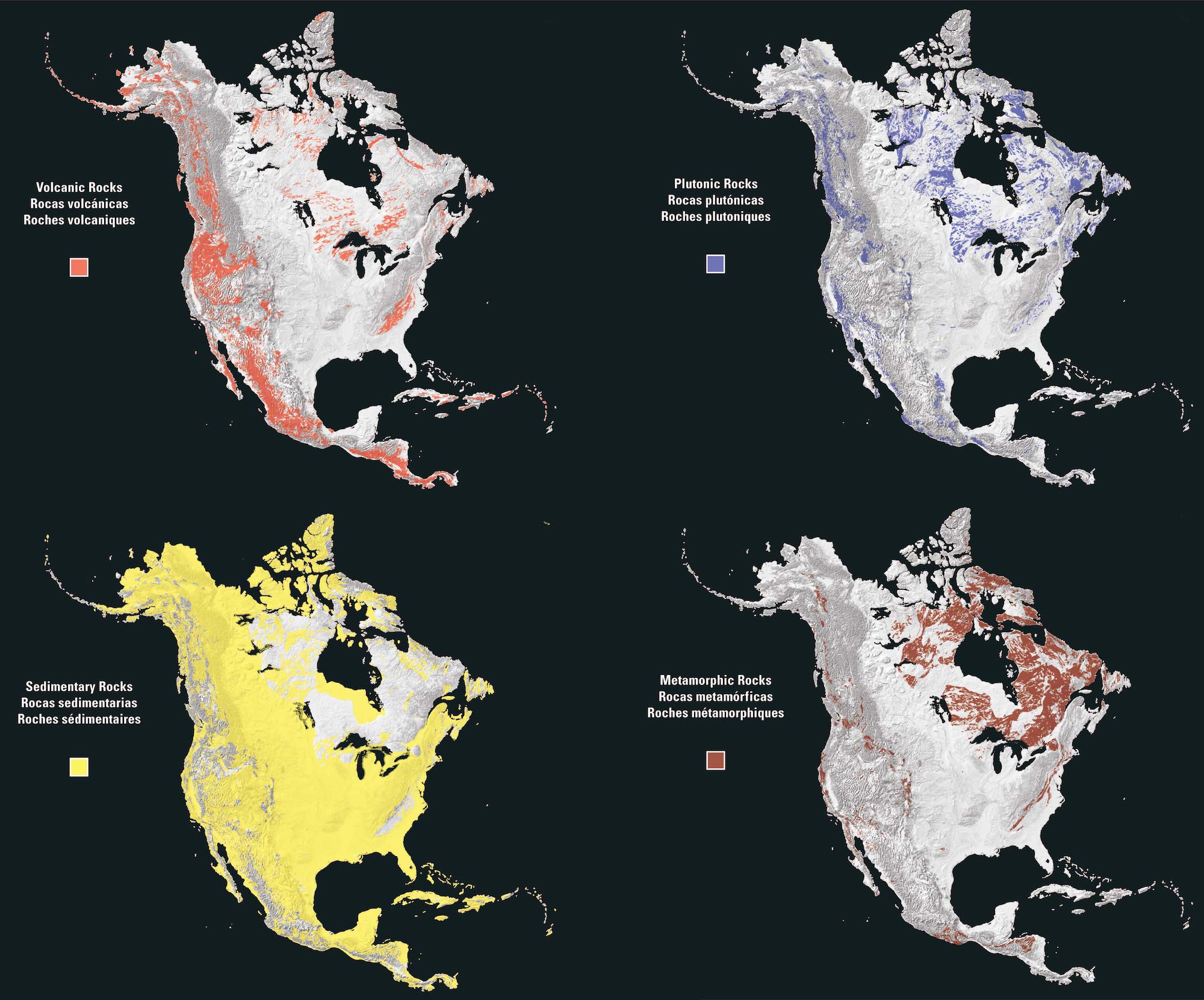 Four maps that show the distribution of extrusive igneous, intrusive igneous, sedimentary, and metamorphic rocks in North America.