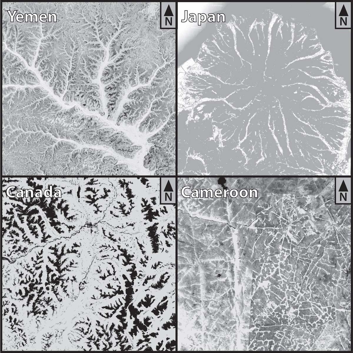 Four black and white images of drainage basins