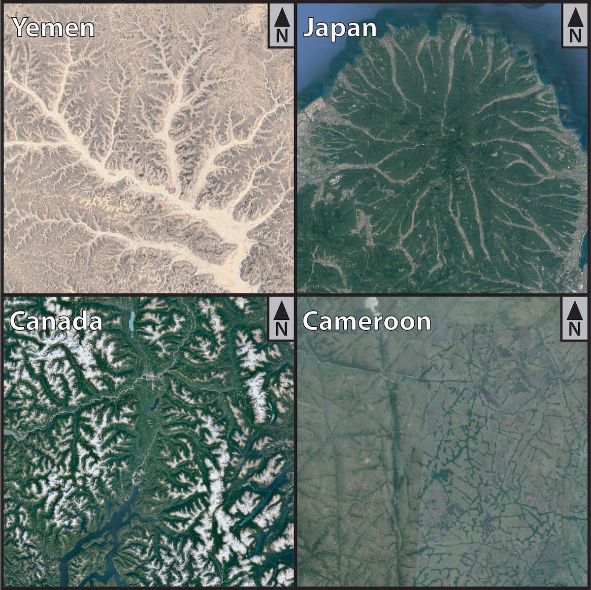 Four satellite images of drainage basins