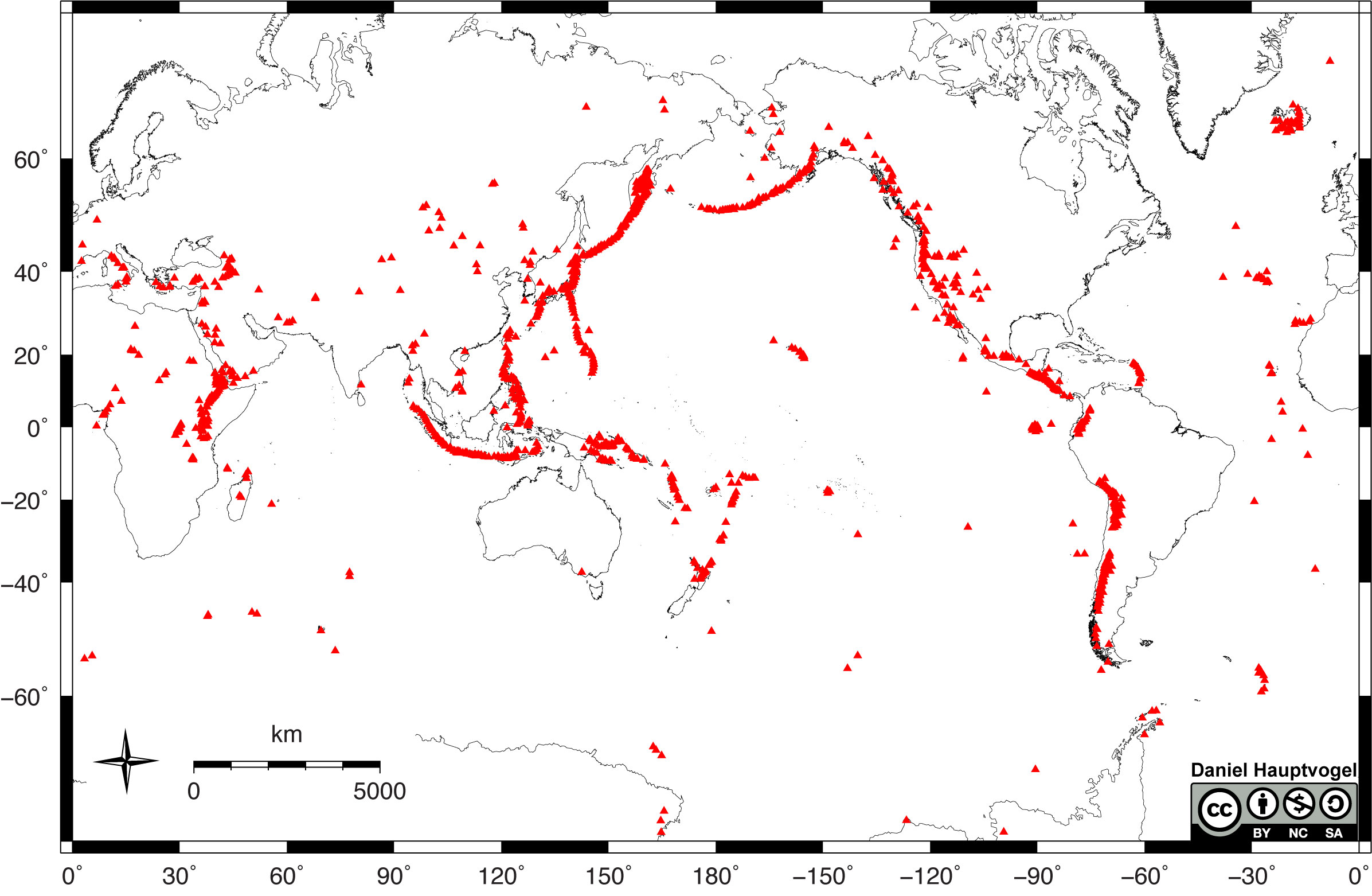 World map with locations of volcanoes active in the past 10,000 years