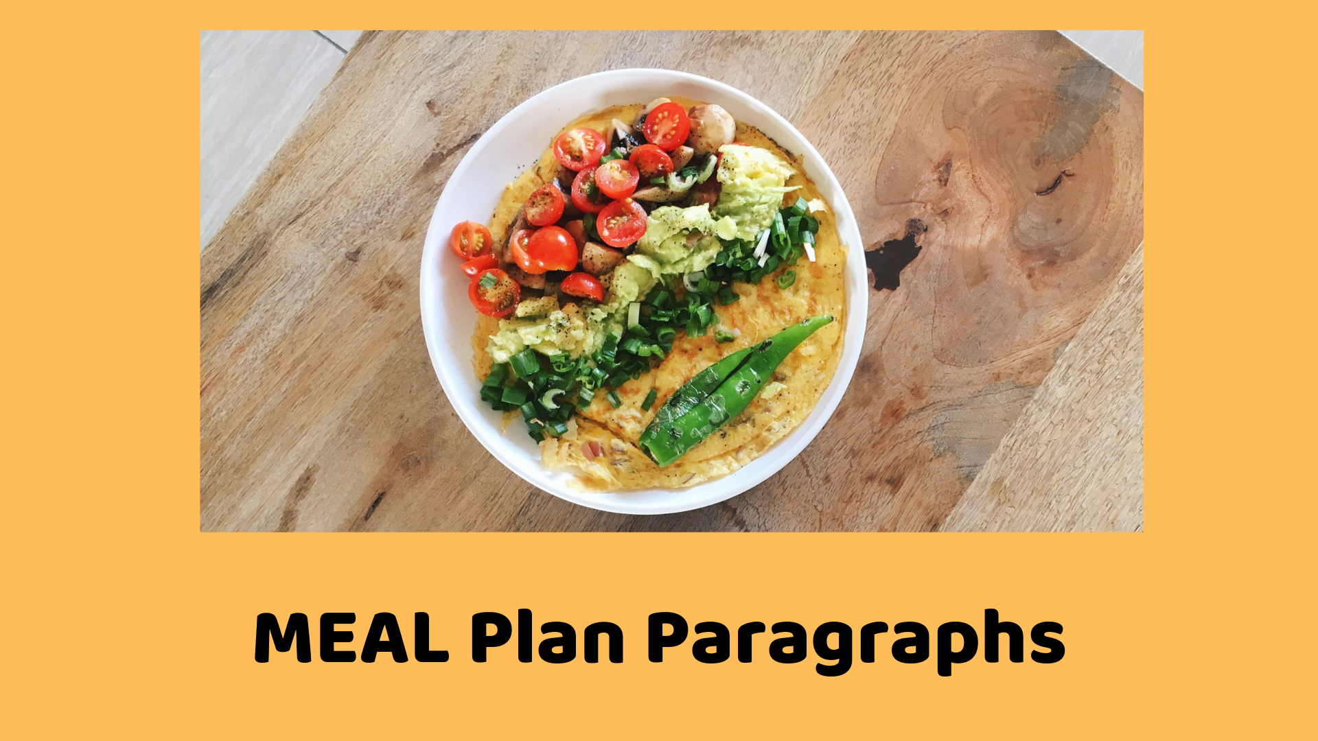 Omelette filled with vegetables and accompanying text "MEAL Plan Paragraphs"