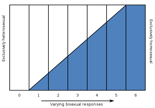 Kinsey Scale shows a sexuality as a dimension or along a continuum with exclusively heterosexual on the left and exclusively homosexual on the right with varying bisexual responses in between.